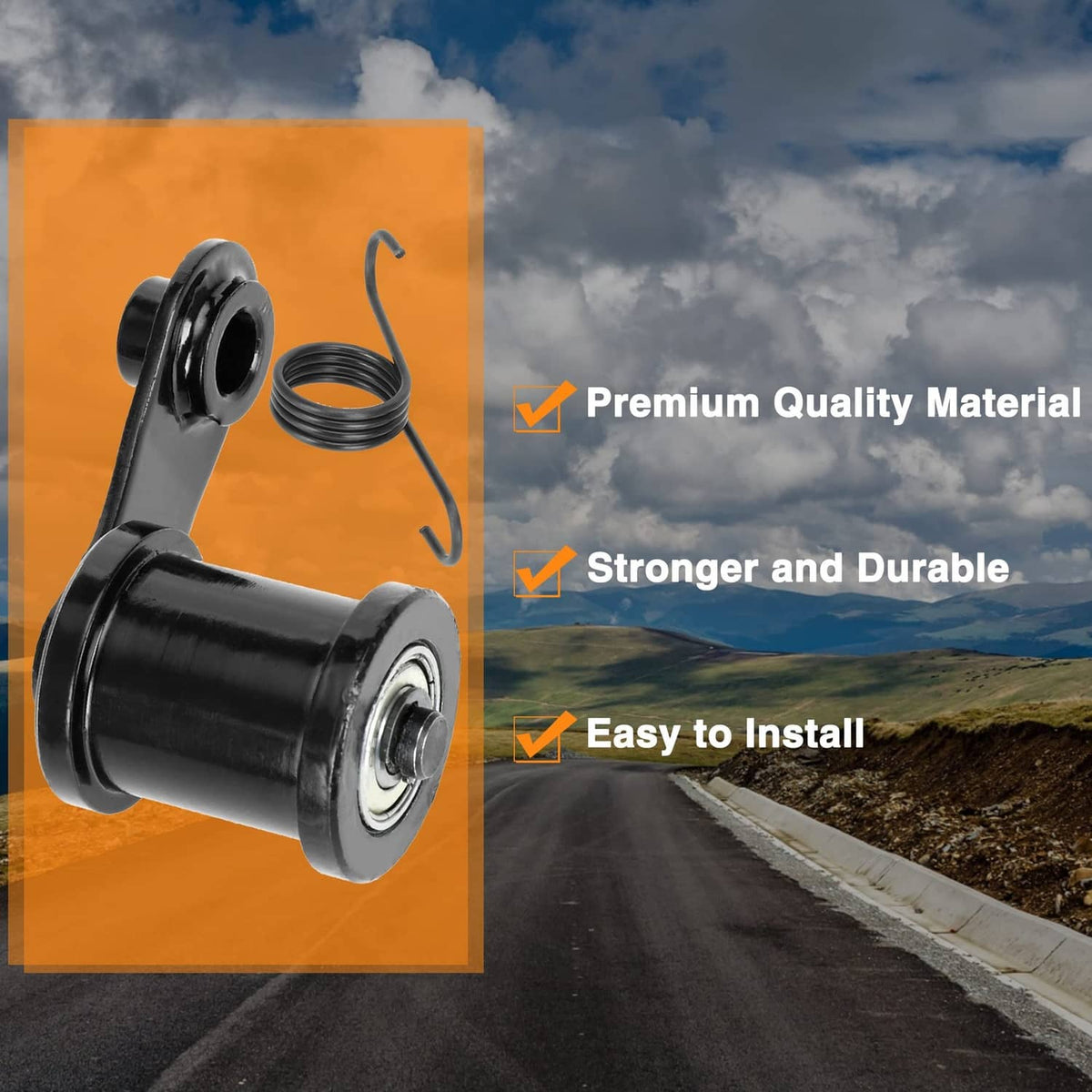 Black chain tensioner roller assembly with spring and mounting hardware
