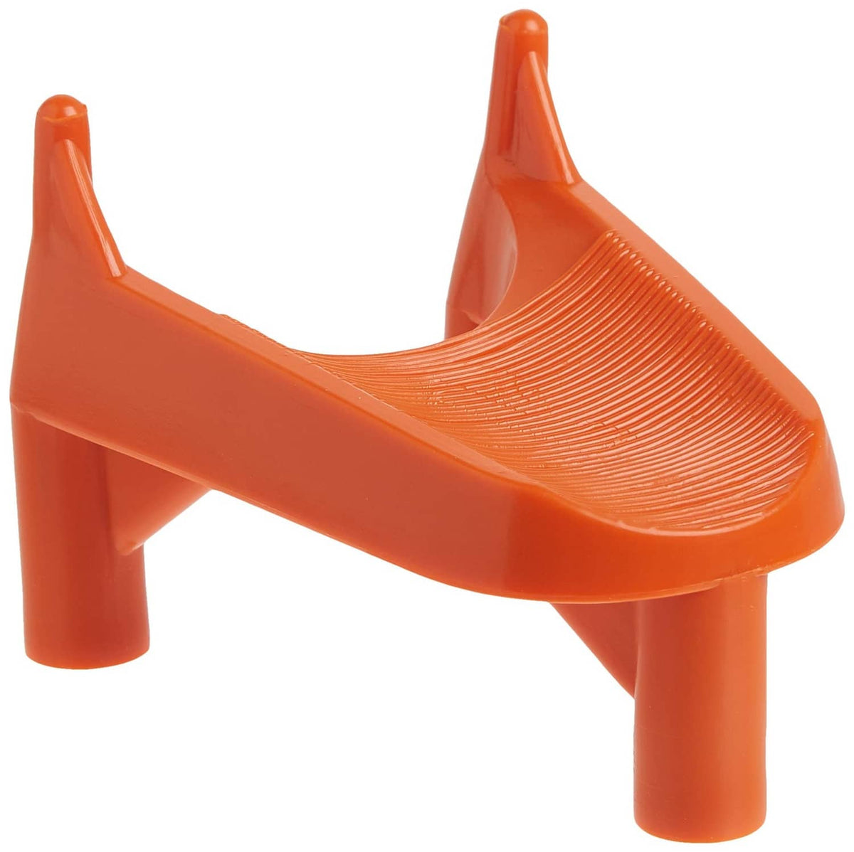 Orange kicking tee with curved base, ridged top, and three legs