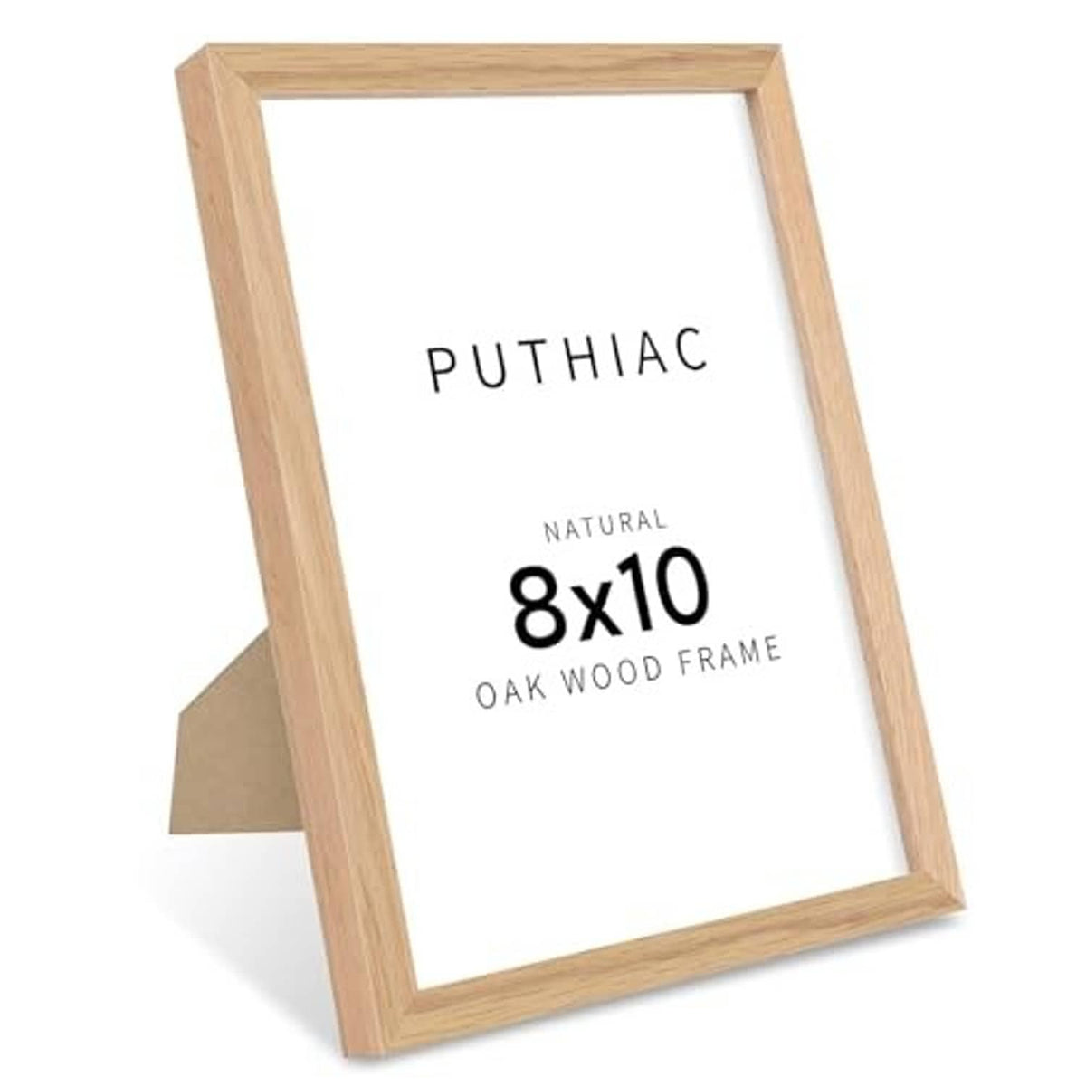Natural oak wood picture frame, 8x10 opening, angled standing view with white background