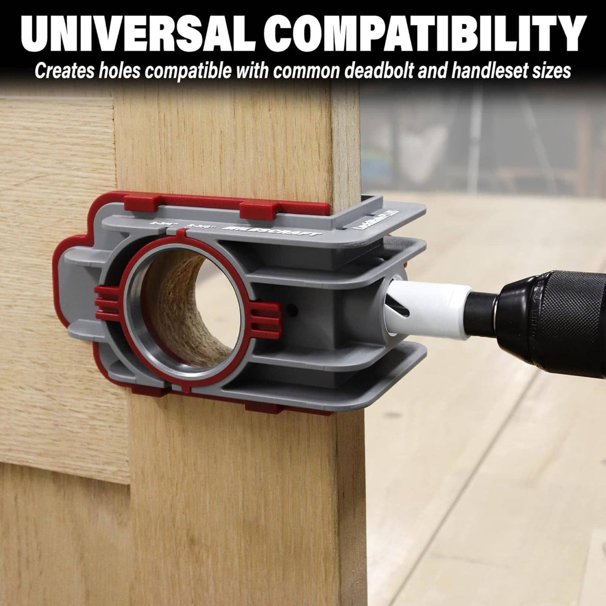 Door lock installation jig mounted on a wooden door with drill bit engaged