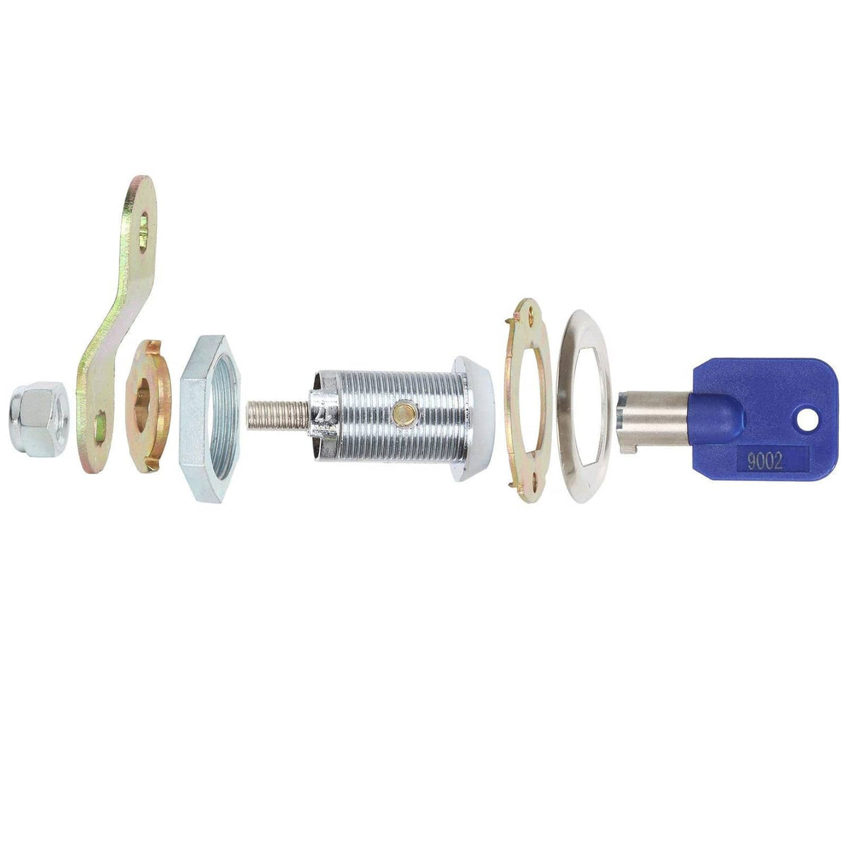 Pack of keyed-alike cam lock components: lock body, cam plates, cylinder, blue key