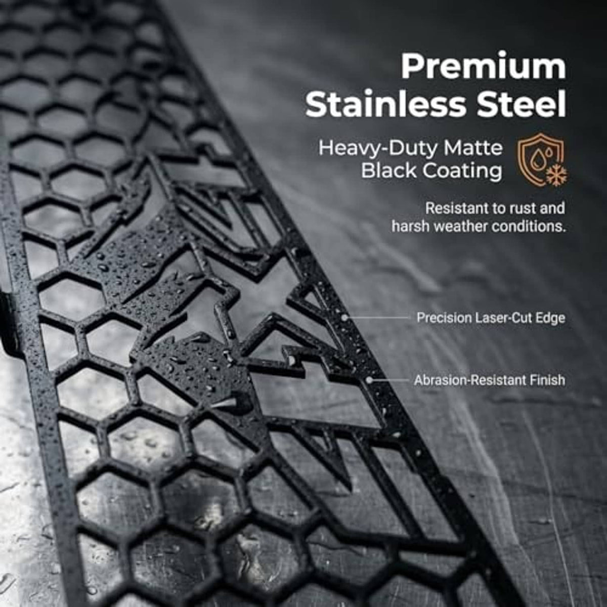 Black coated honeycomb grille insert, matte finish with precision laser-cut edge