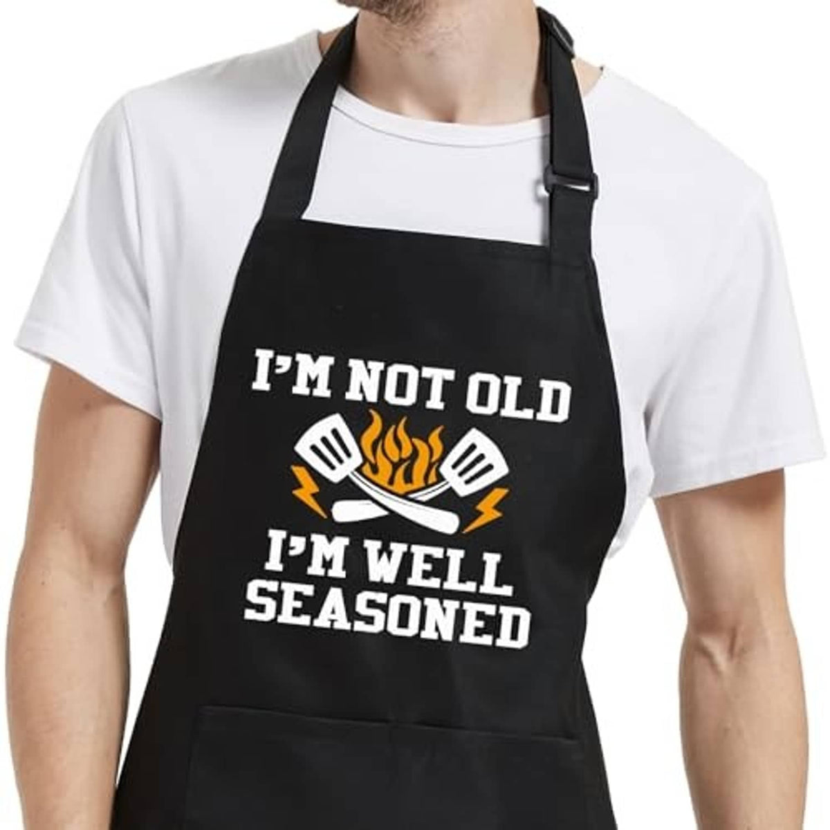 Men's black grilling apron with front 'I'm well seasoned' print and neck strap
