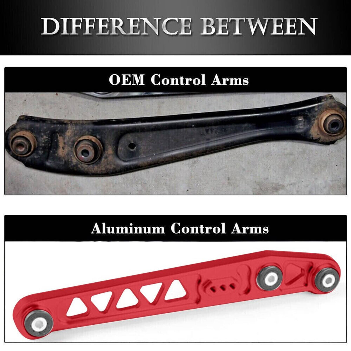 Red aluminum-style control arm with triangular cutouts and rubber bushings