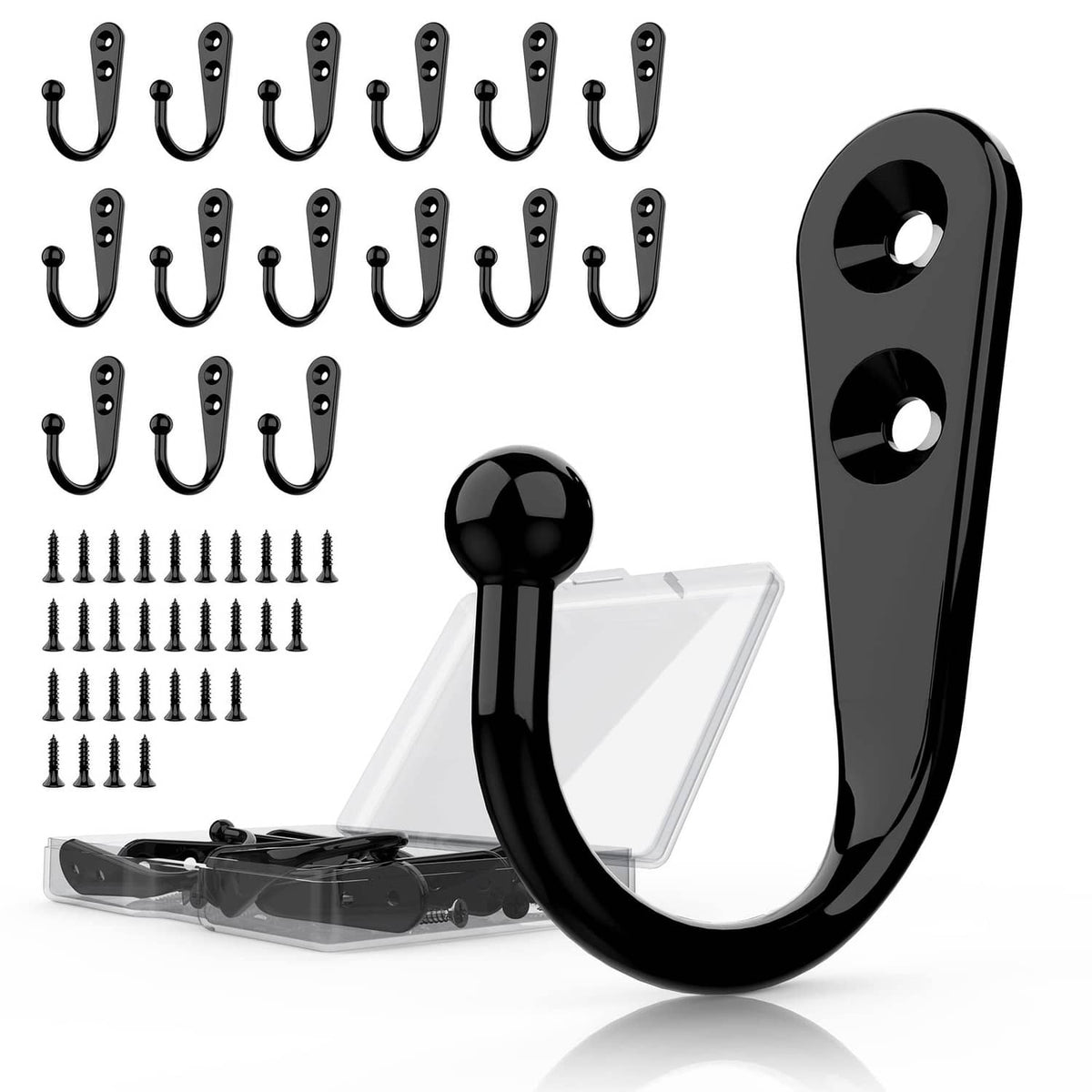 Black wall-mounted coat hooks set with 15 curved hangers and mounting screws