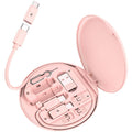 Pink multi-connector charging cable kit with USB and Lightning adapters, in open case