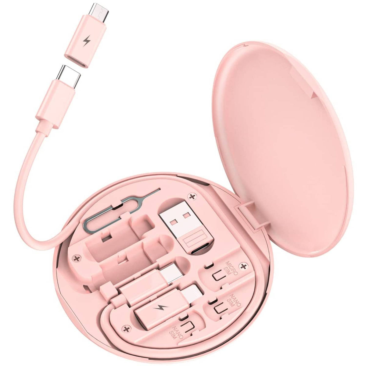 Pink multi-connector charging cable kit with USB and Lightning adapters, in open case