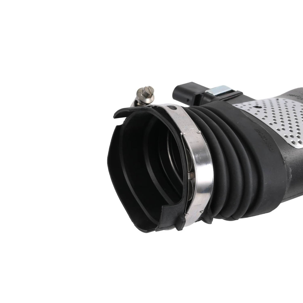 Air intake duct end fitting with black corrugated hose and metal clamp ring