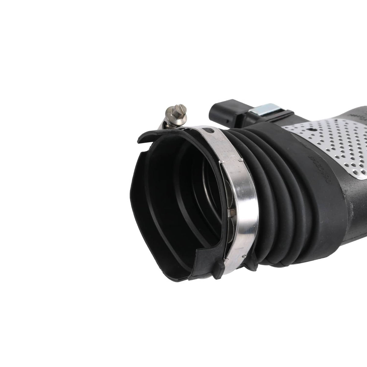 Air intake duct end fitting with black corrugated hose and metal clamp ring