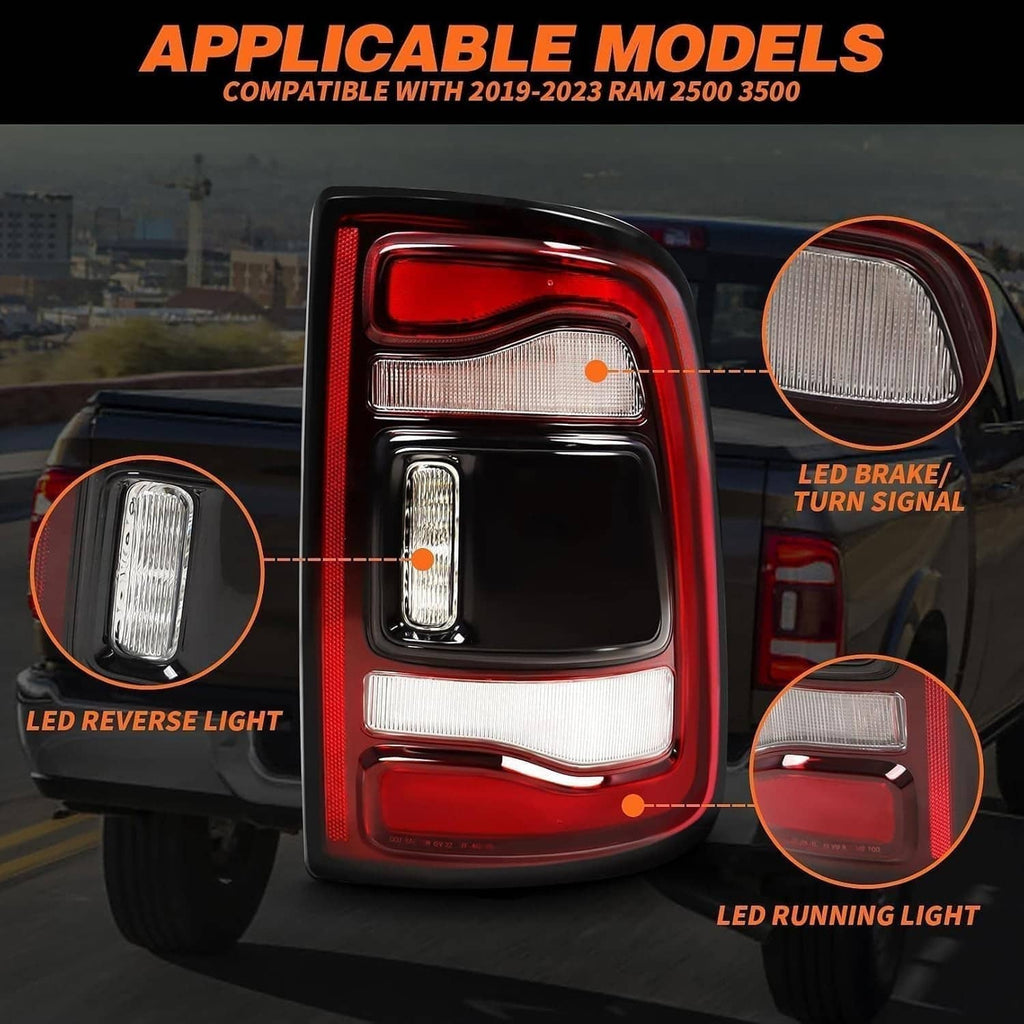 LED tail light with black bezel and red/clear lens, close-up with labeled light positions.
