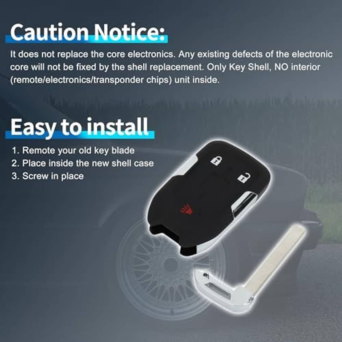 Black key fob shell case and silver key blade shown at angle