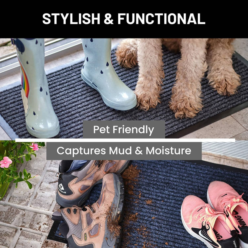 Steel gray indoor door mat with ribbed low-pile texture for pet-friendly entry traffic