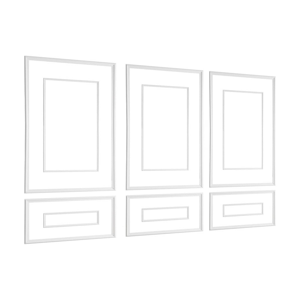 White wall molding kit with three framed panels and three horizontal accent pieces