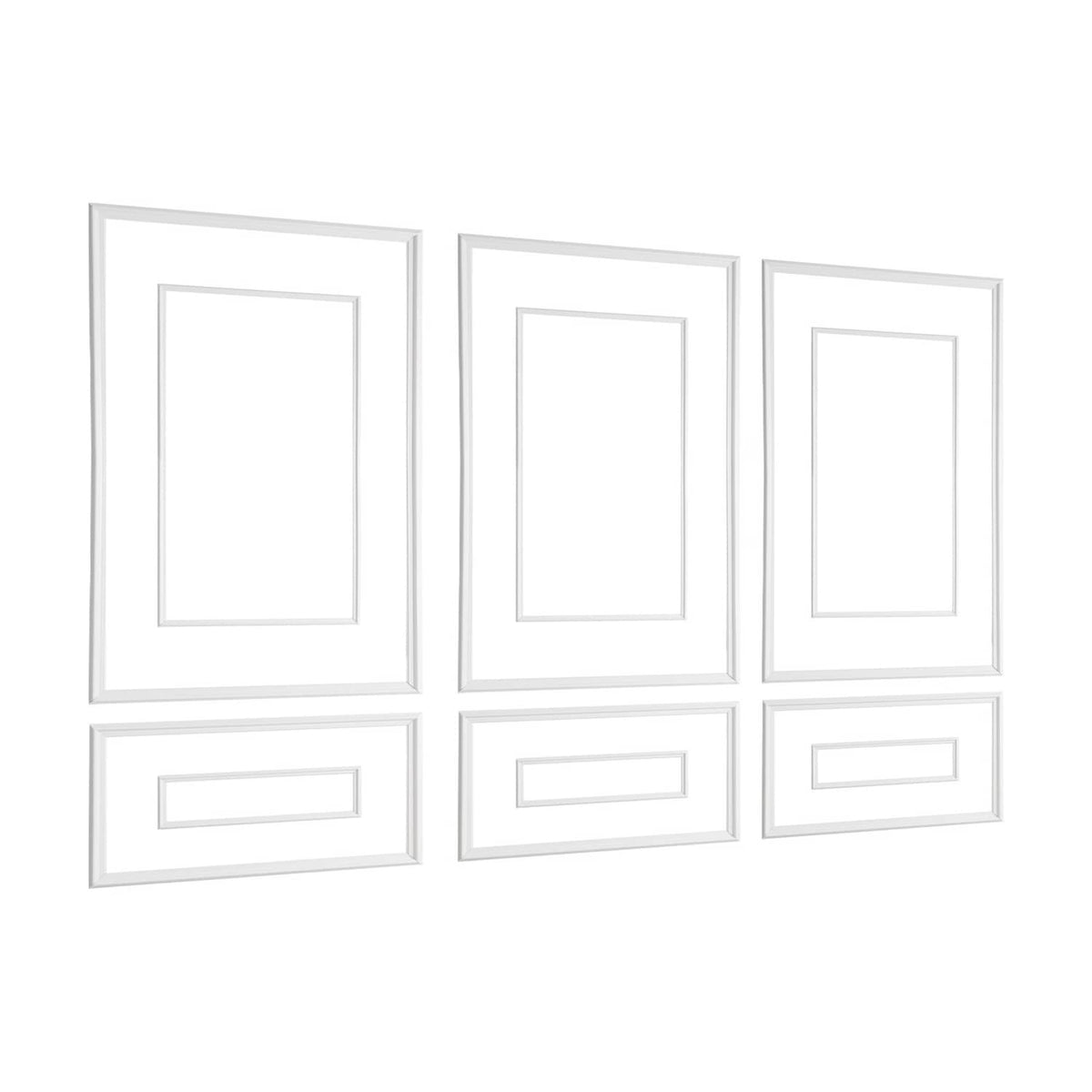 White wall molding kit with three framed panels and three horizontal accent pieces