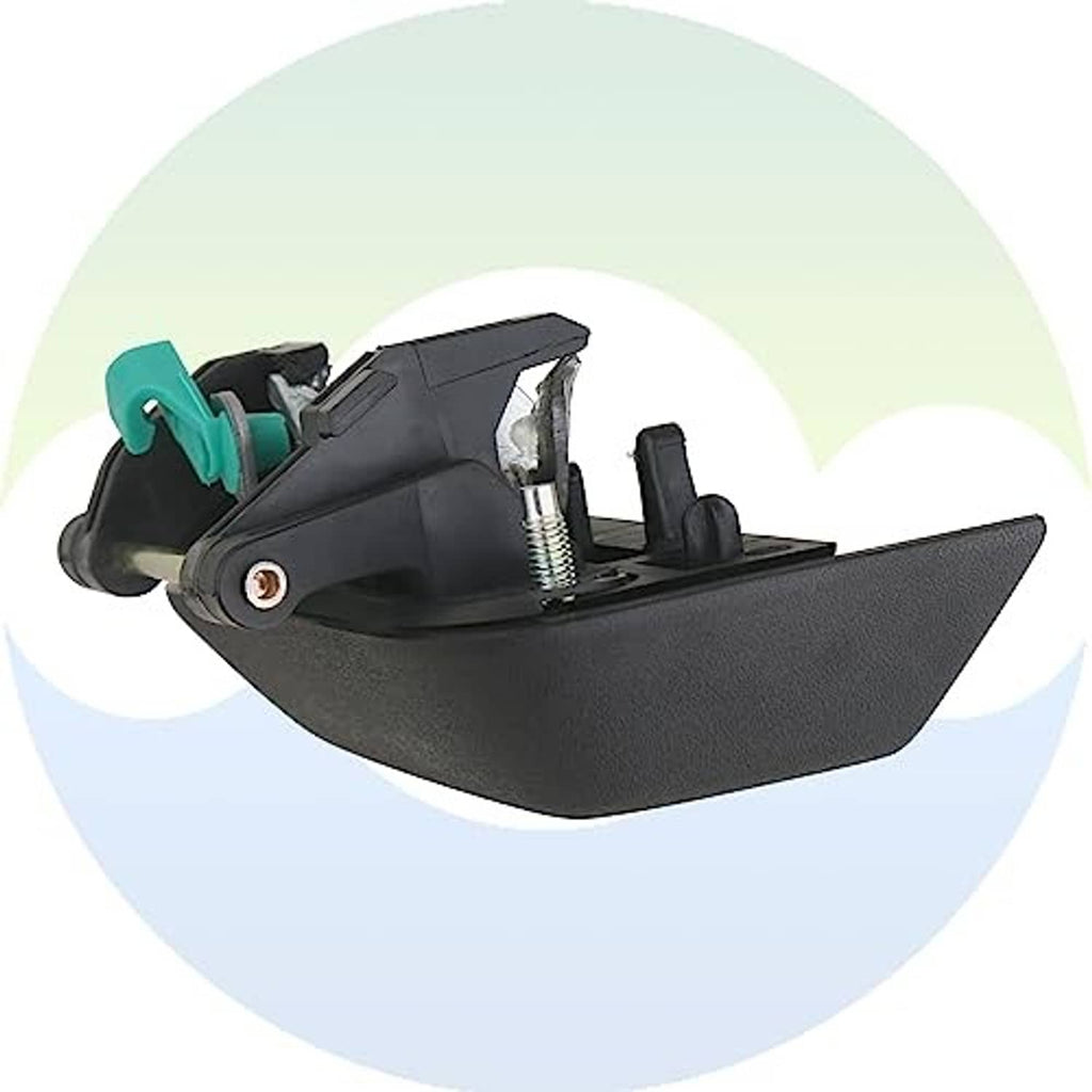 Black exterior door handle with internal latch mechanism and teal release insert