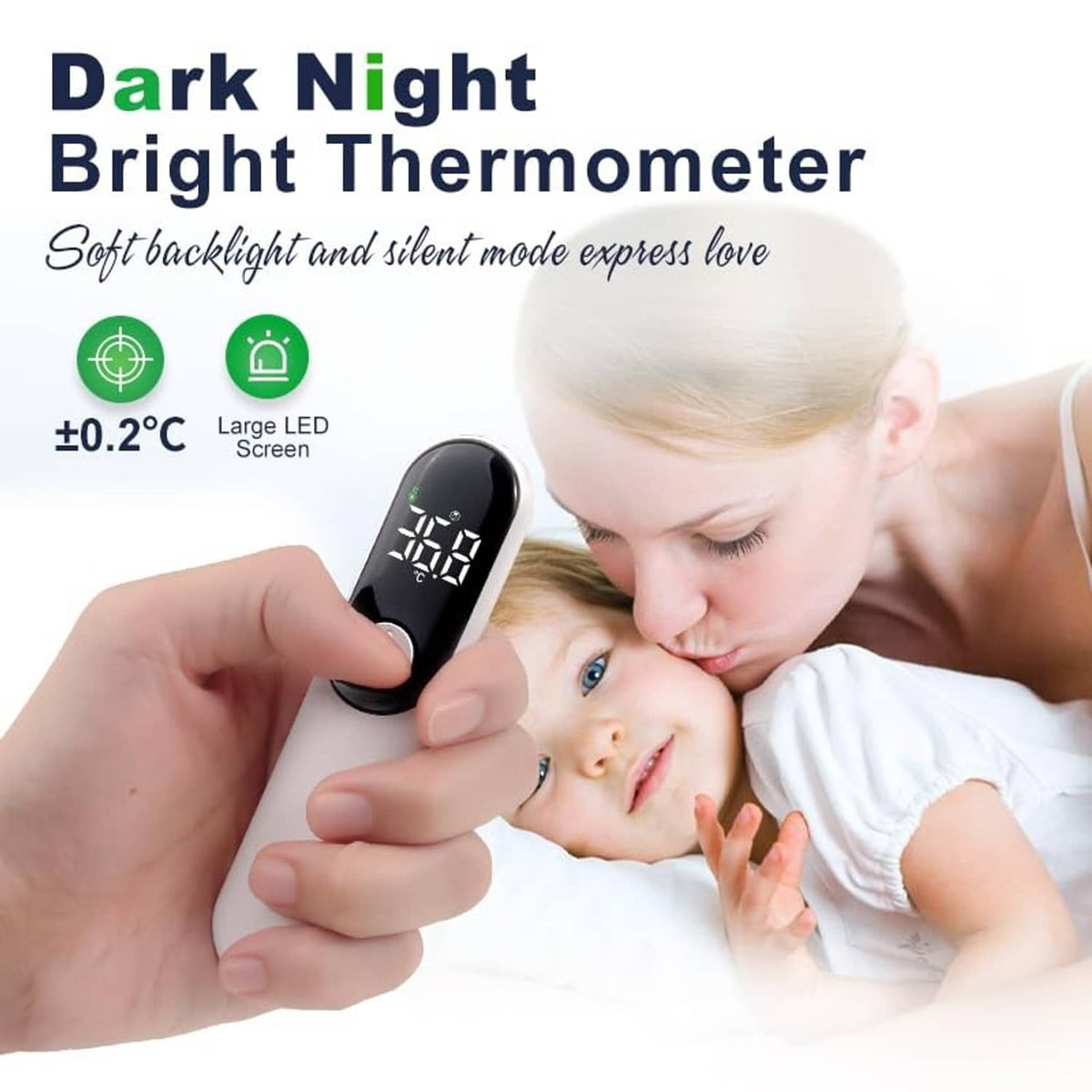 Non-contact forehead thermometer used on a child’s forehead with LCD temperature reading