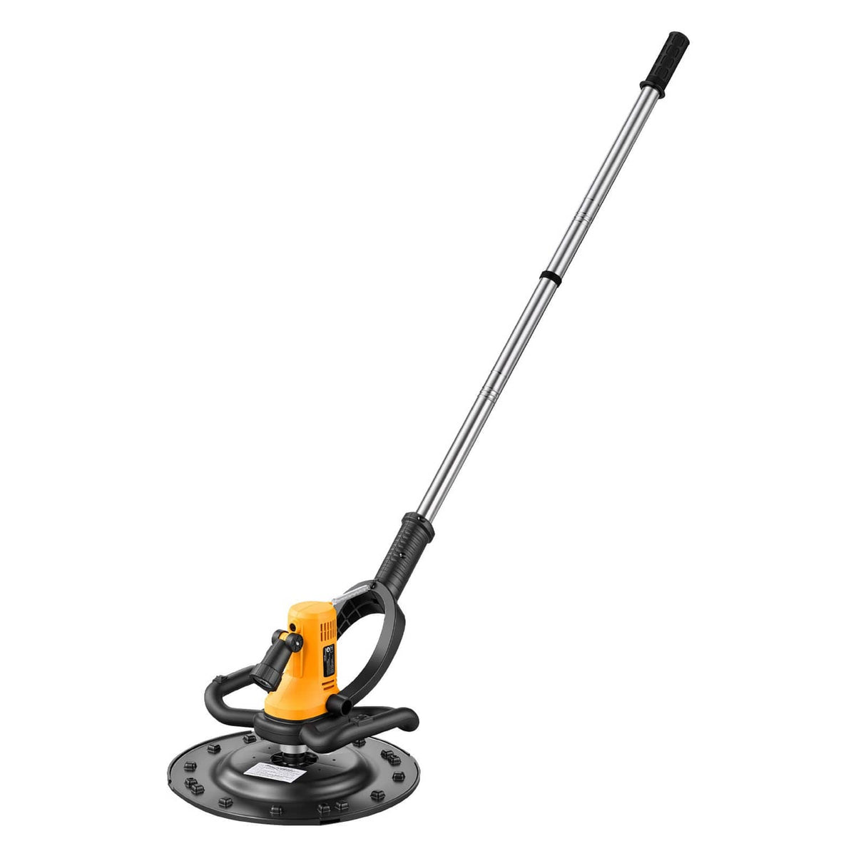 Electric concrete trowel with long shaft and round black base, yellow motor