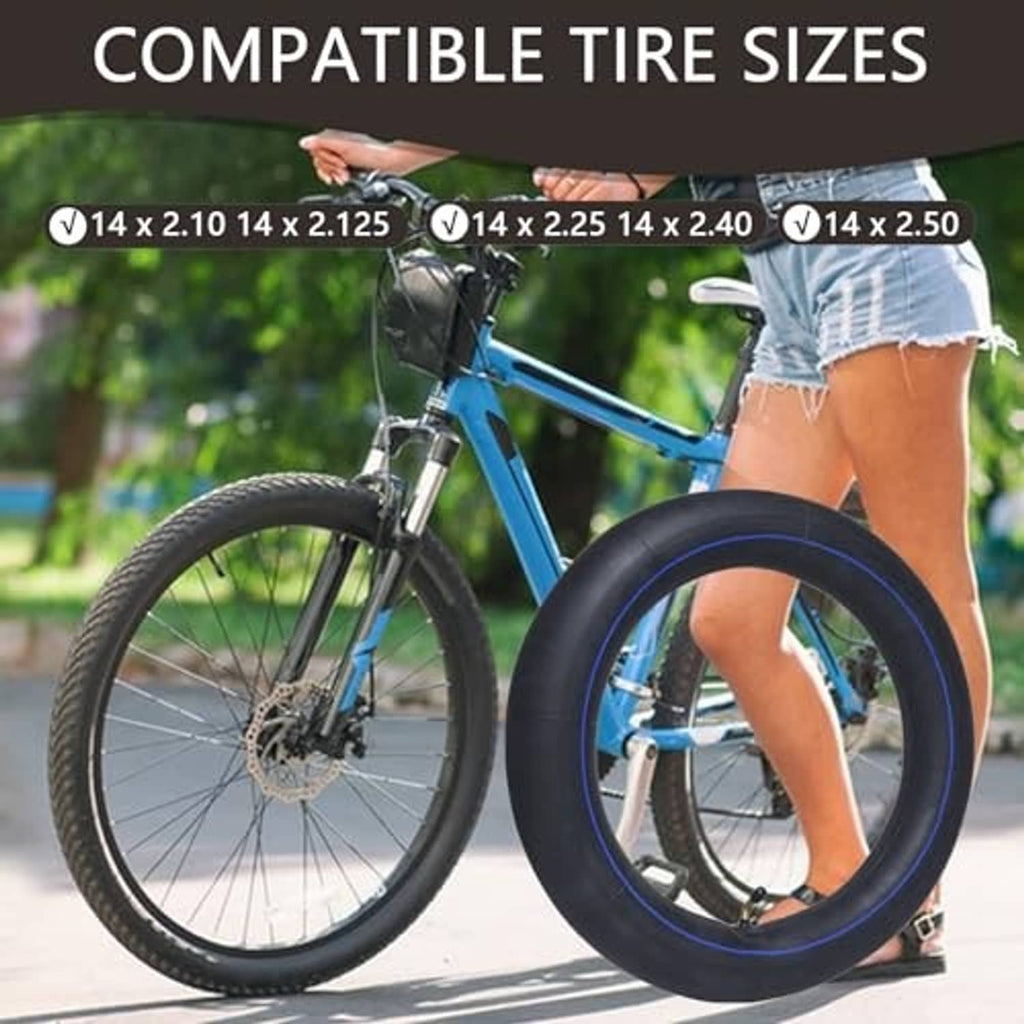 Black inner tubes with blue stripe, shown on bicycle wheels with valve stems