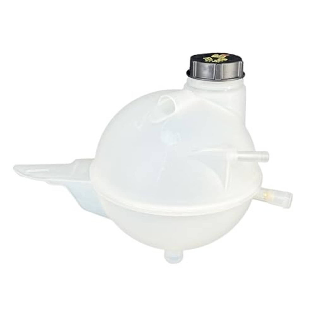 White coolant overflow reservoir tank with black cap and side return hose