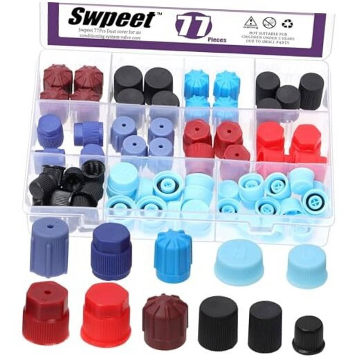 Auto A/C valve core caps kit with mixed black, blue, red, and purple caps in compartments