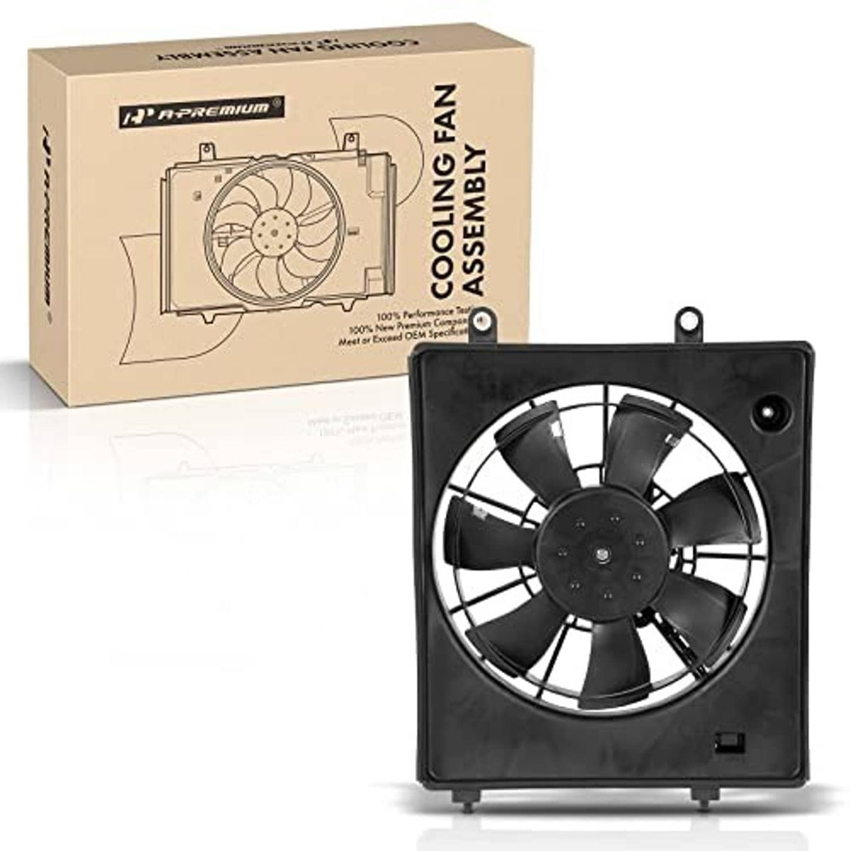 Black A/C condenser cooling fan assembly with four blades and rear mounting tab
