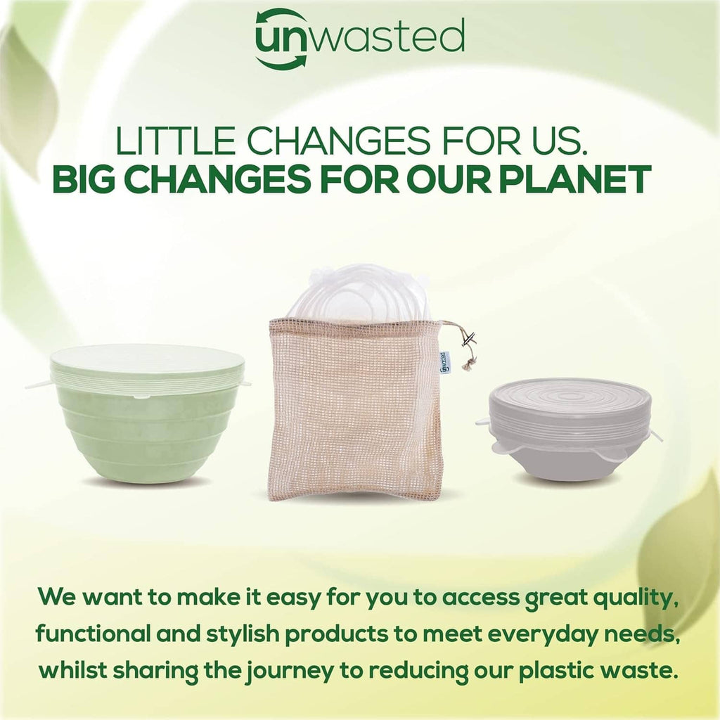 Reusable silicone lids set with clear round covers and a coordinating drawstring bag