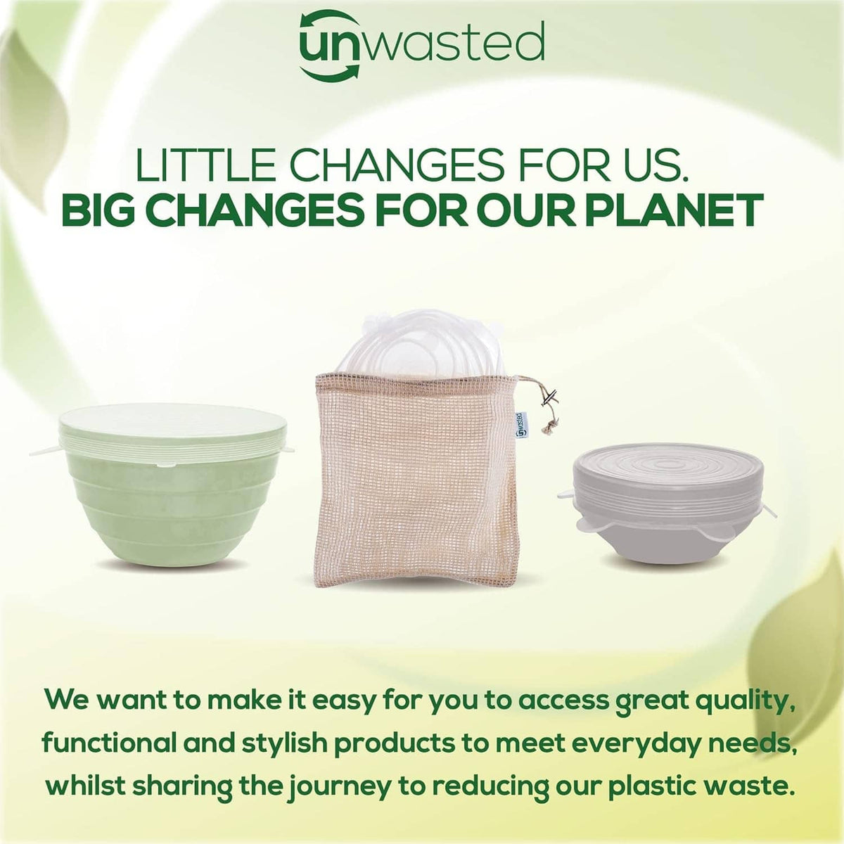 Reusable silicone lids set with clear round covers and a coordinating drawstring bag