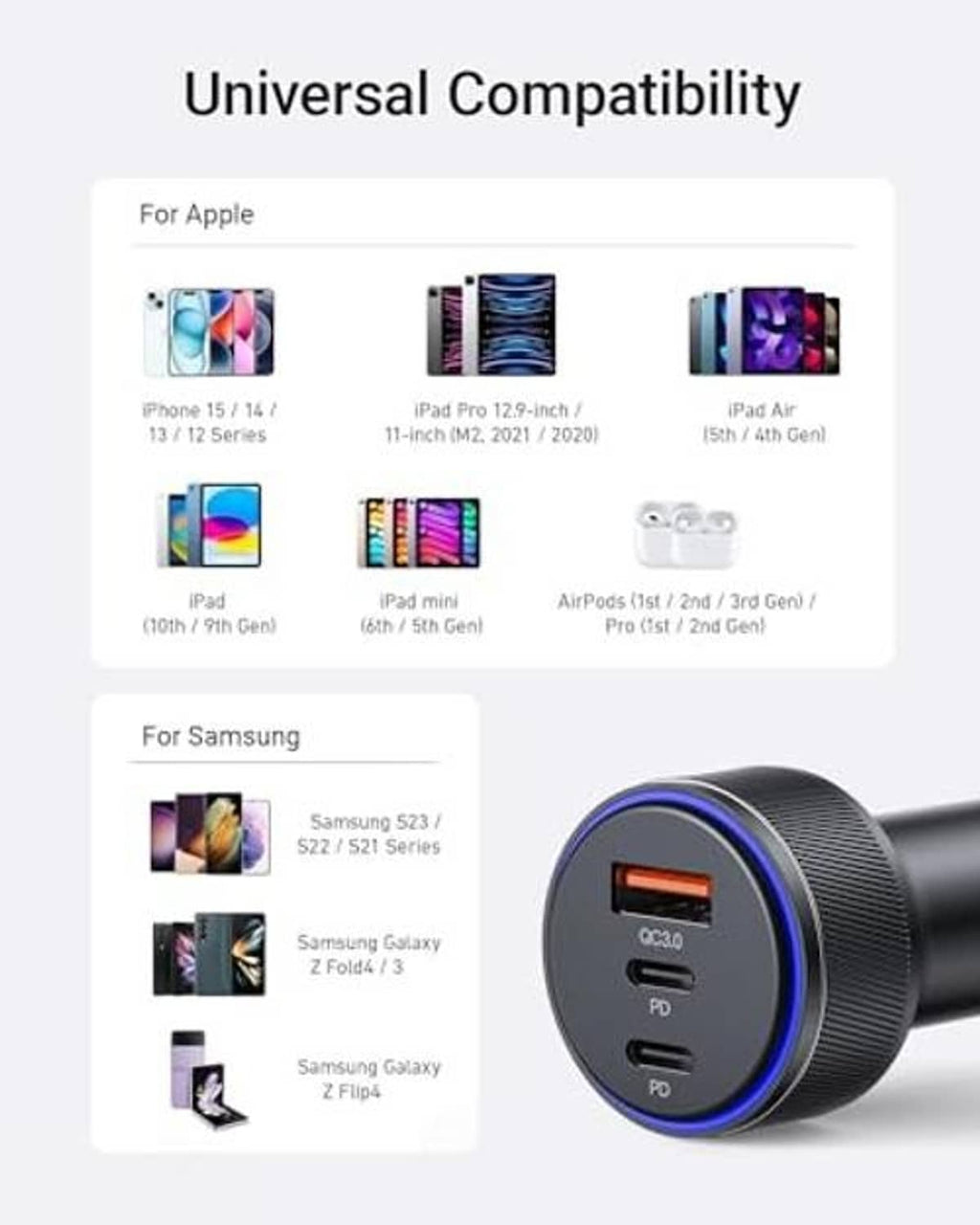 Black USB car charger with blue LED ring on a compatibility layout