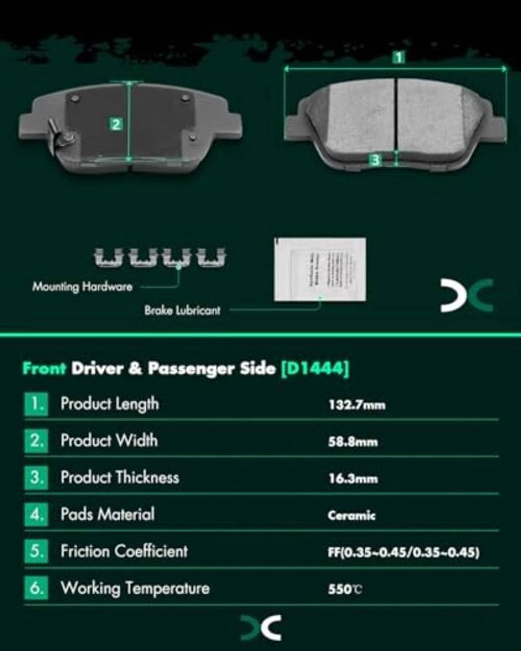 Front ceramic brake pads with mounting hardware, shown in driver and passenger sides (4 pcs)