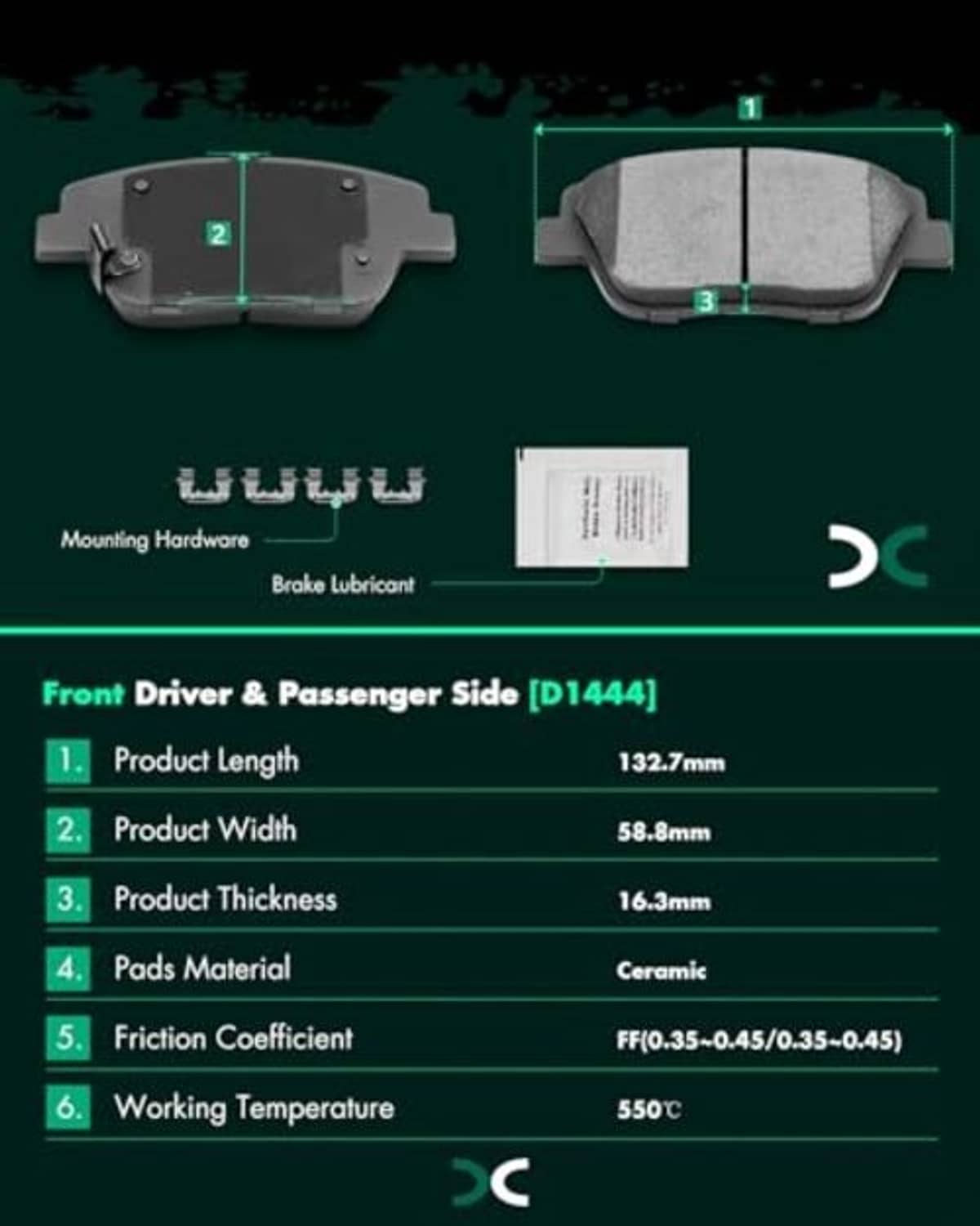Front ceramic brake pads with mounting hardware, shown in driver and passenger sides (4 pcs)