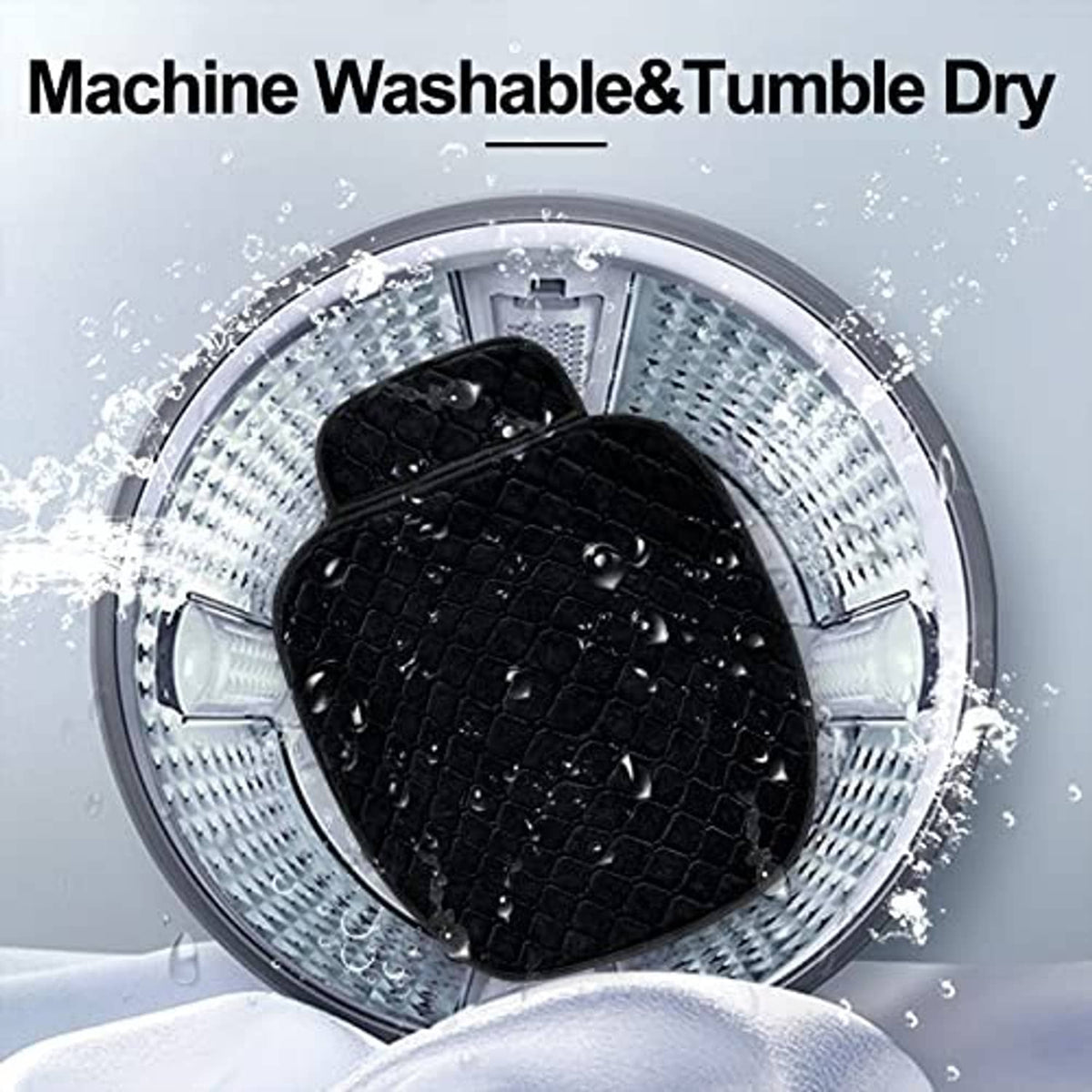 Black car seat cover shown in wash drum for machine washing
