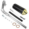 Exhaust muffler silencer assembly kit with black canister, gold end cap, and chrome pipe