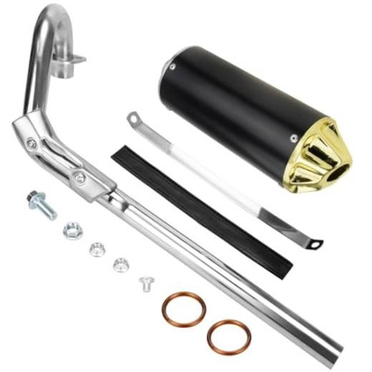 Exhaust muffler silencer assembly kit with black canister, gold end cap, and chrome pipe