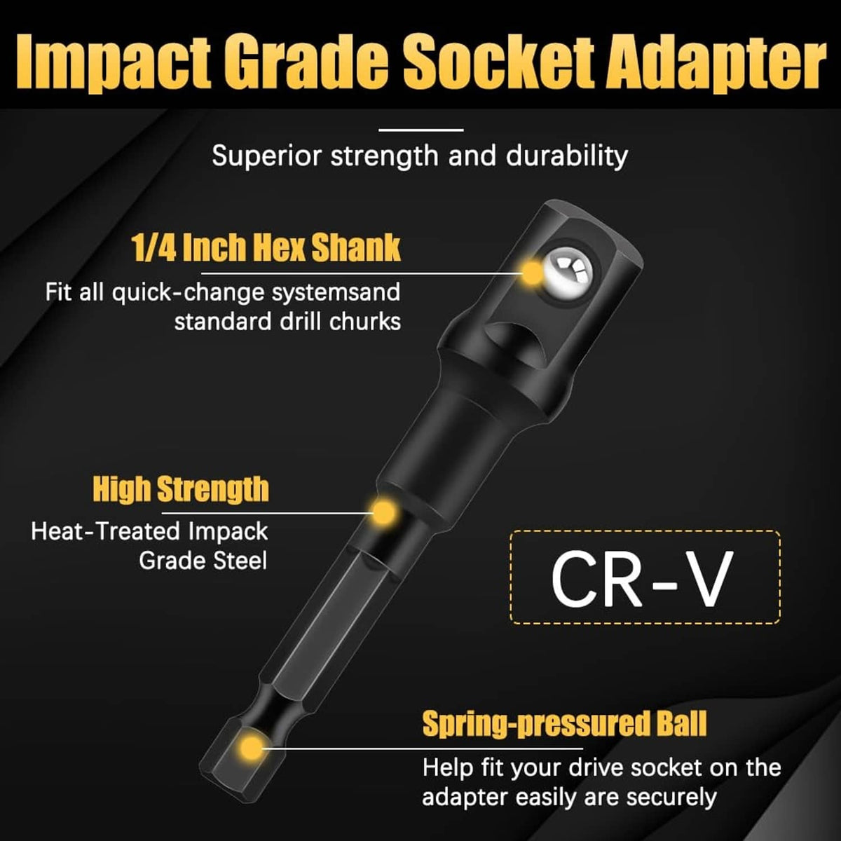 Black impact socket adapter with 1/4-inch hex shank and steel adapter head
