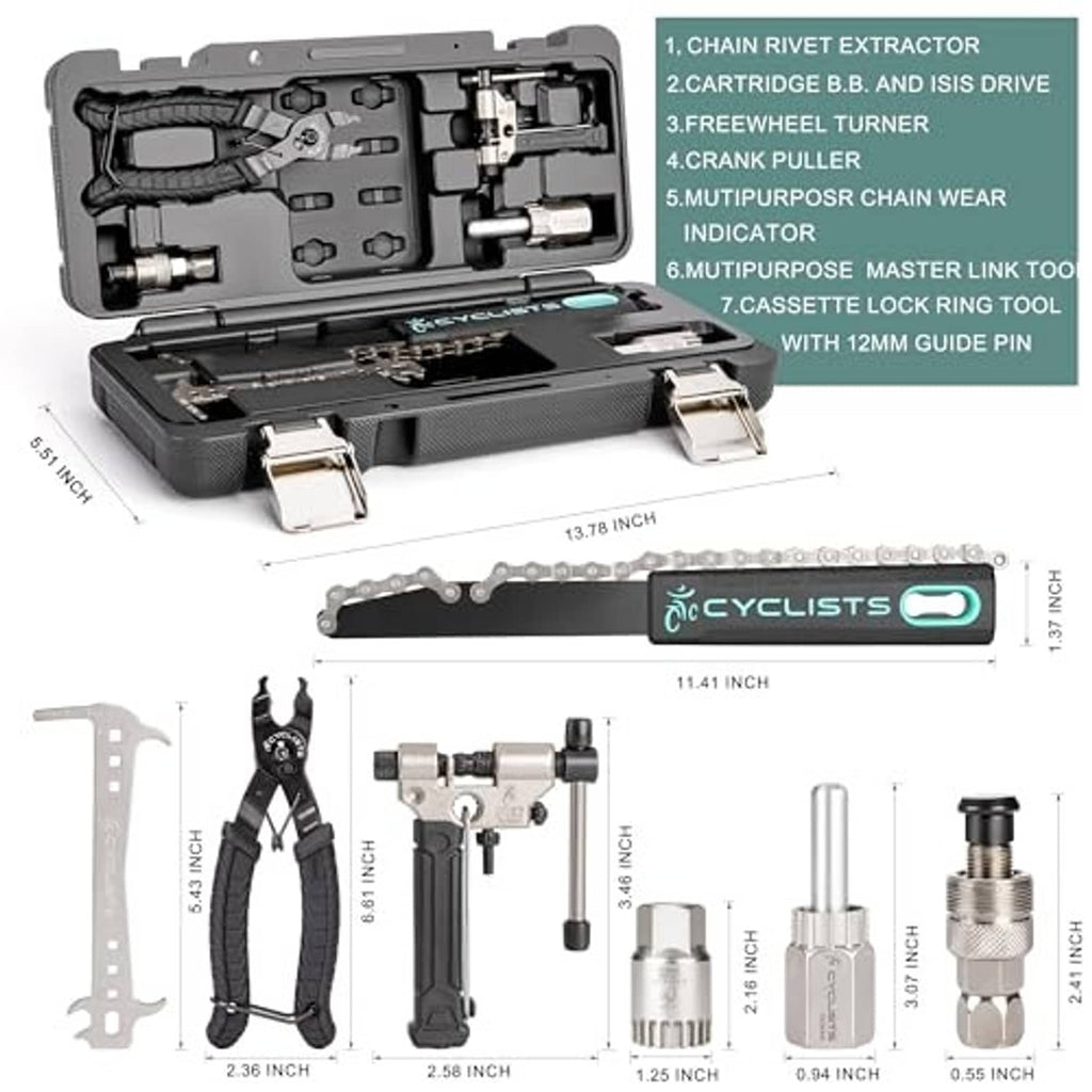 Bike tool kit in open case with chain breaker, crank puller, and freewheel tools