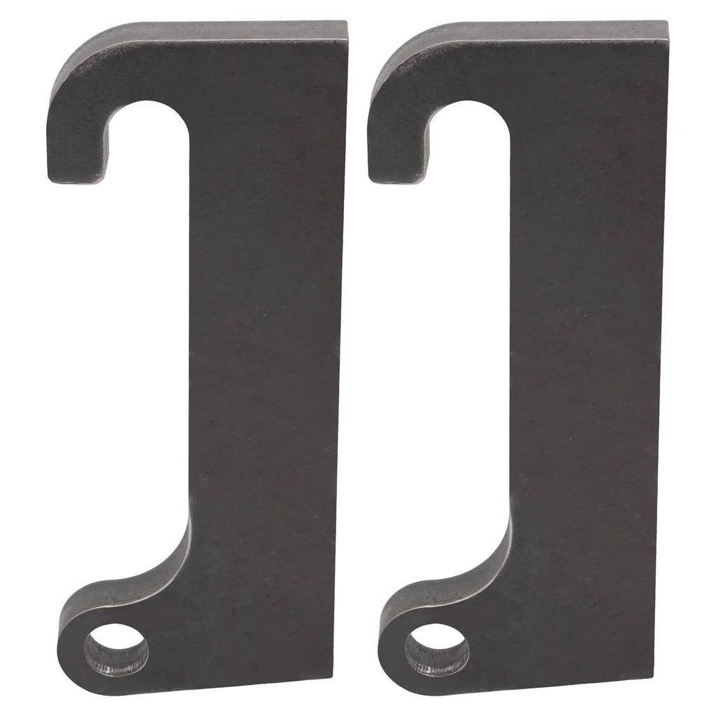 Two dark steel loader mount brackets with curved top hooks and bottom bolt holes