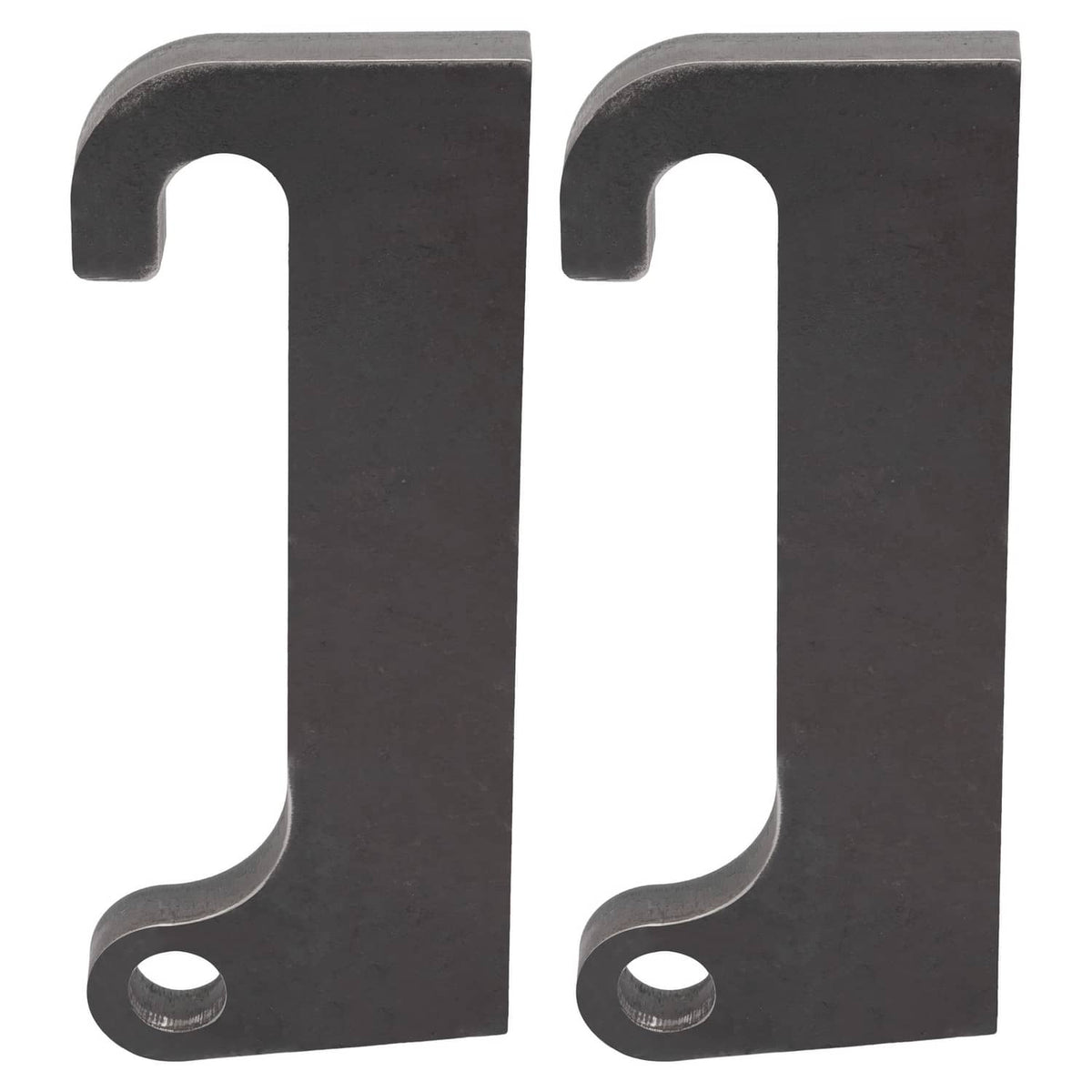 Two dark steel loader mount brackets with curved top hooks and bottom bolt holes