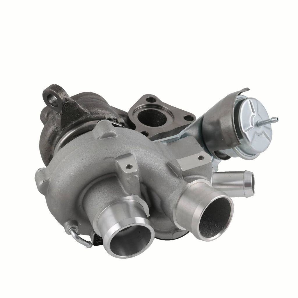 Turbocharger with silver inlet and exhaust housings, compact side profile