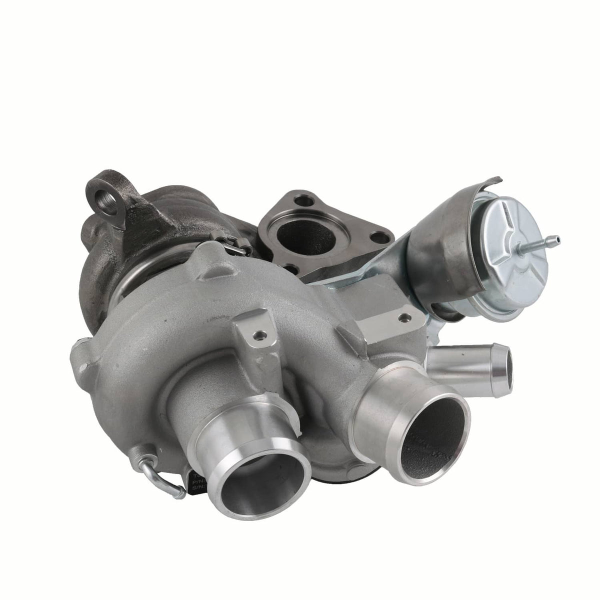 Turbocharger with silver inlet and exhaust housings, compact side profile