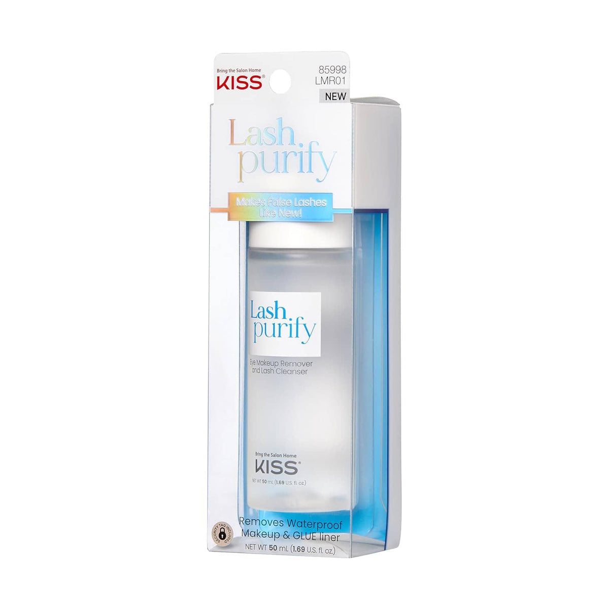 KISS Lash purify blister pack with clear bottle and blue liquid insert, angled view