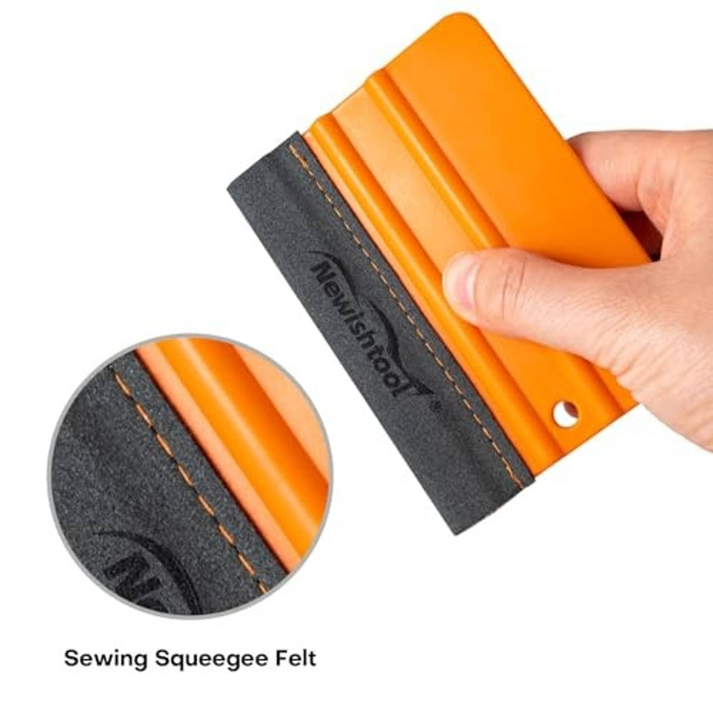 Handheld orange vinyl wrap squeegee with gray felt edge and stitched double-layer pad