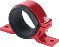 Red aluminum fuel filter mounting bracket with black rubber-lined clamp and mounting bolt