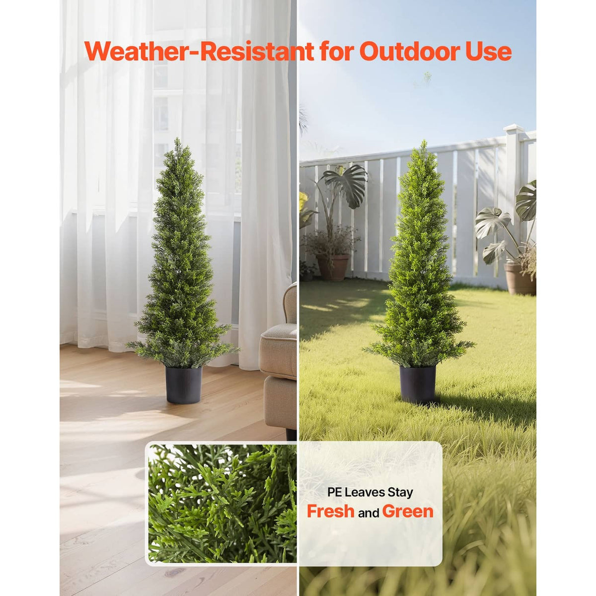 Artificial cedar topiary trees with green PE leaves, in black pots for outdoors