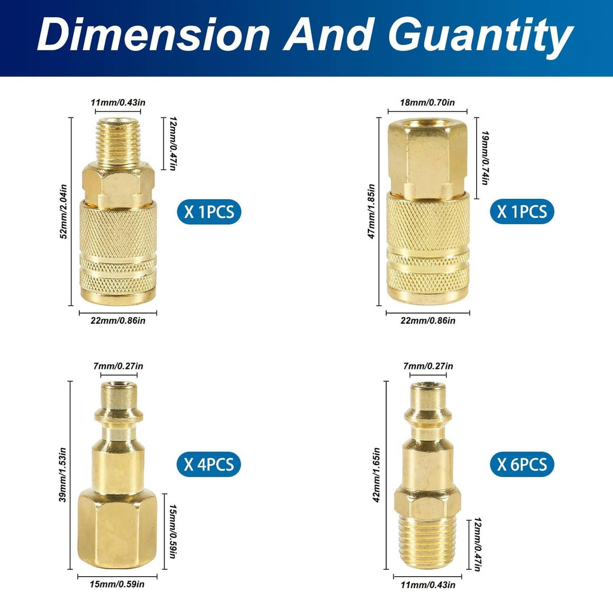 Brass 1/4" NPT coupler and plug fittings, multiple pieces