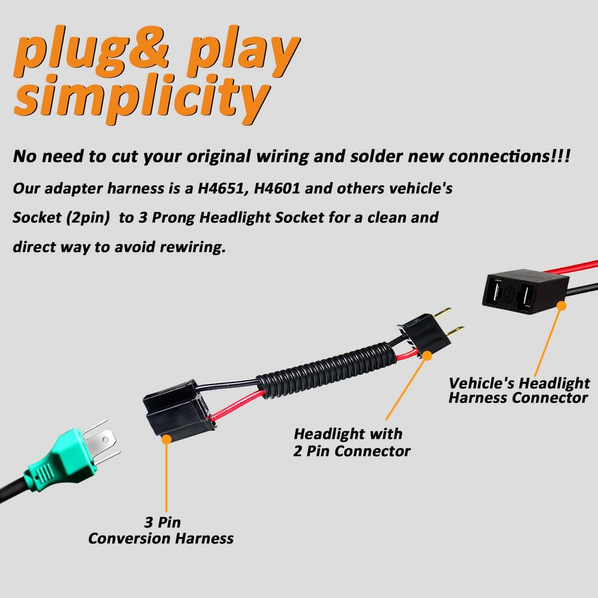 Headlight socket conversion harness with 2-pin connectors and red/black wiring