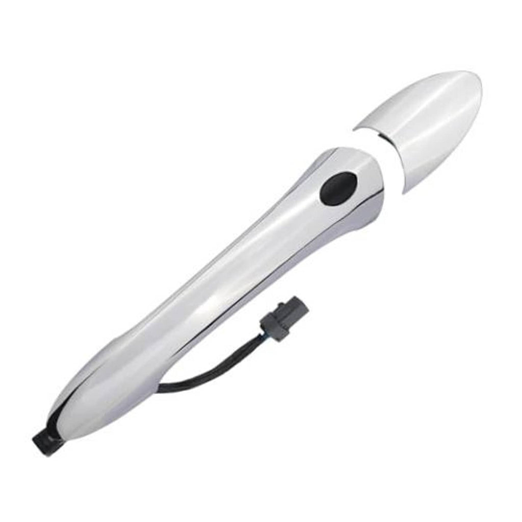 Silver chrome exterior door handle with black keyless wiring and round sensor