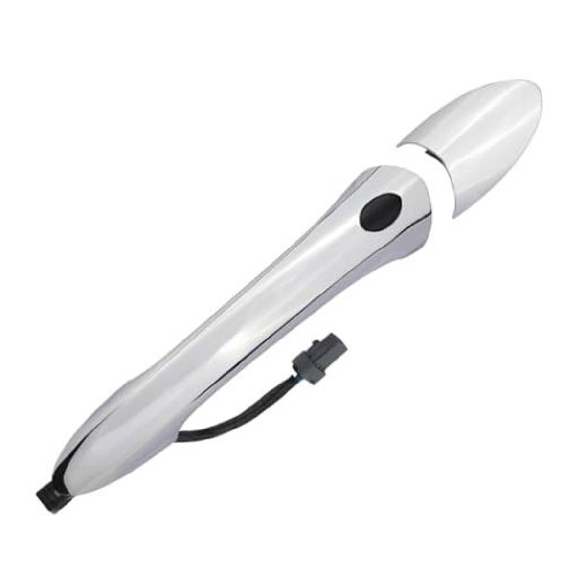 Silver chrome exterior door handle with black keyless wiring and round sensor