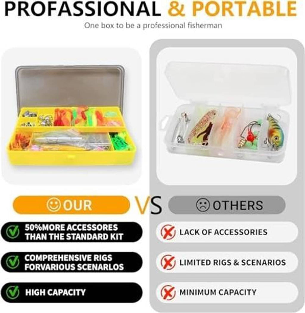 Fishing lure tackle box kit with yellow case and separate clear accessory tray