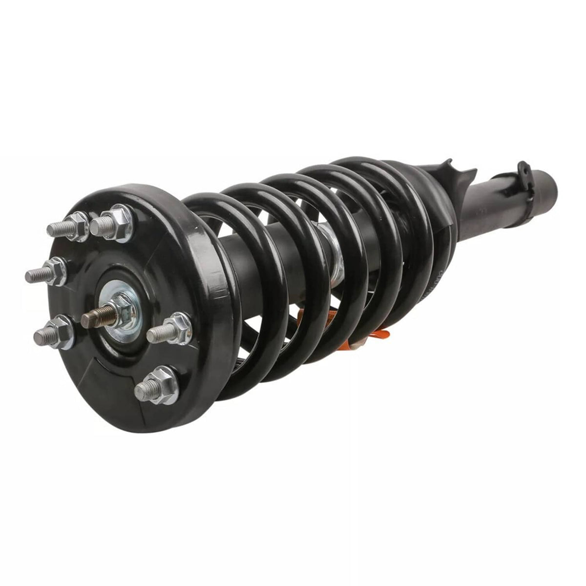 Strut assembly with black coil spring, circular mounting plate, and attached bolts
