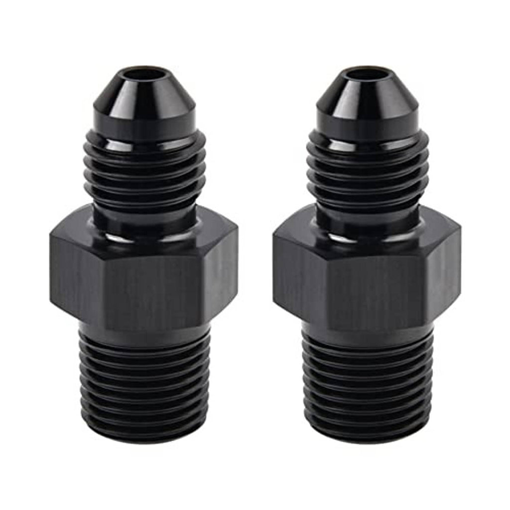 Pair of black AN flare to 1/8 NPT straight adapter fittings with threaded ports